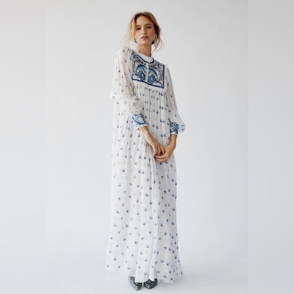 Elegant White and Blue Maxi Dress